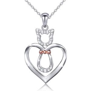 NEW 925 Sterling Silver CZ Heart Cat Love Necklace